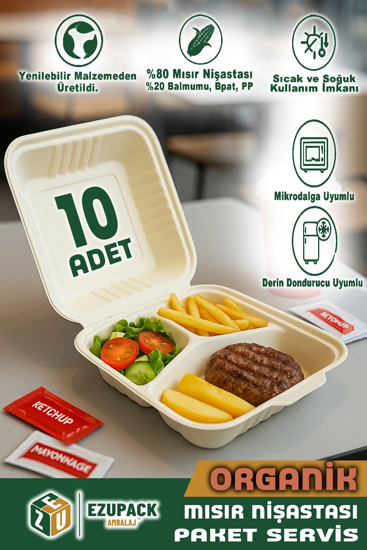 10 Adet ORGANİK 3 Üç Göz Paket Servis Yemek Kabı Mikrodalga Derindorucu Dayanıklı Yıkanabilir