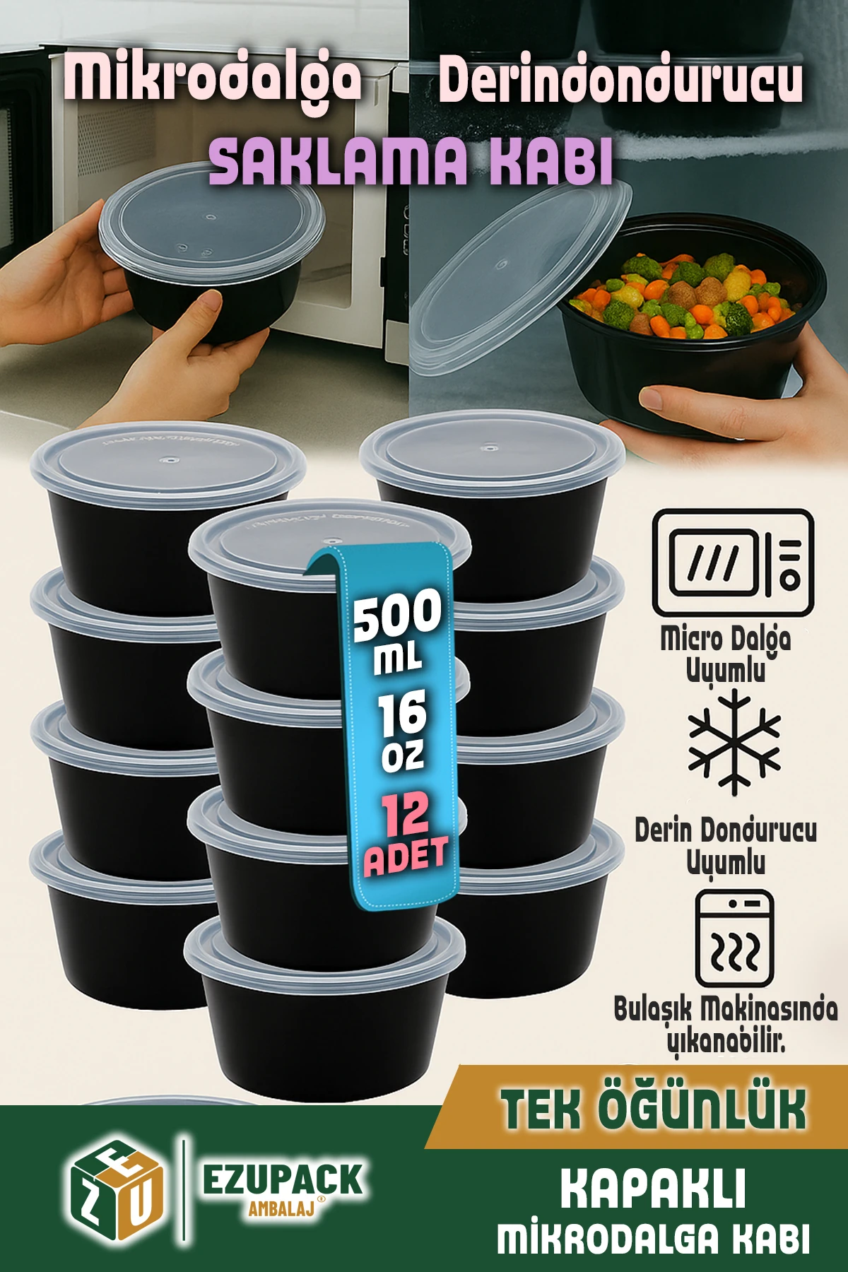 12'li Yuvarlak Mikrodalga ve Difrize Uygun Saklama Kabı Seti Buzluk Plastik Kap DerinDondurucu 500ml