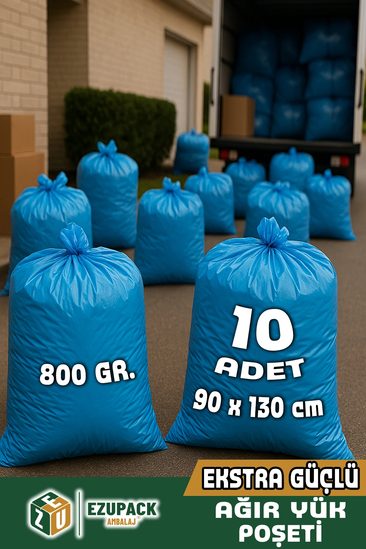 10'LU 90x130 Mavi Ultra Kalın Ev Taşıma Taşınma Çöp Poşeti Nakliye Çuvalı Nakliyat Ağır Yük Torbası