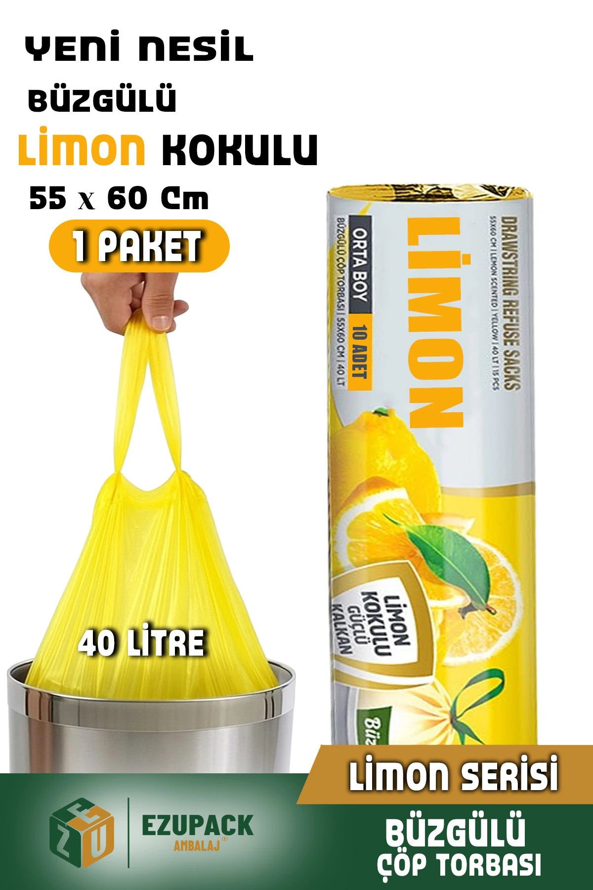 40 Lt ( 1 PAKET ) Avantaj Paket Orta Boy Limon Kokulu Büzgülü Çöp Poşeti Çöp Torbası 10 Adet