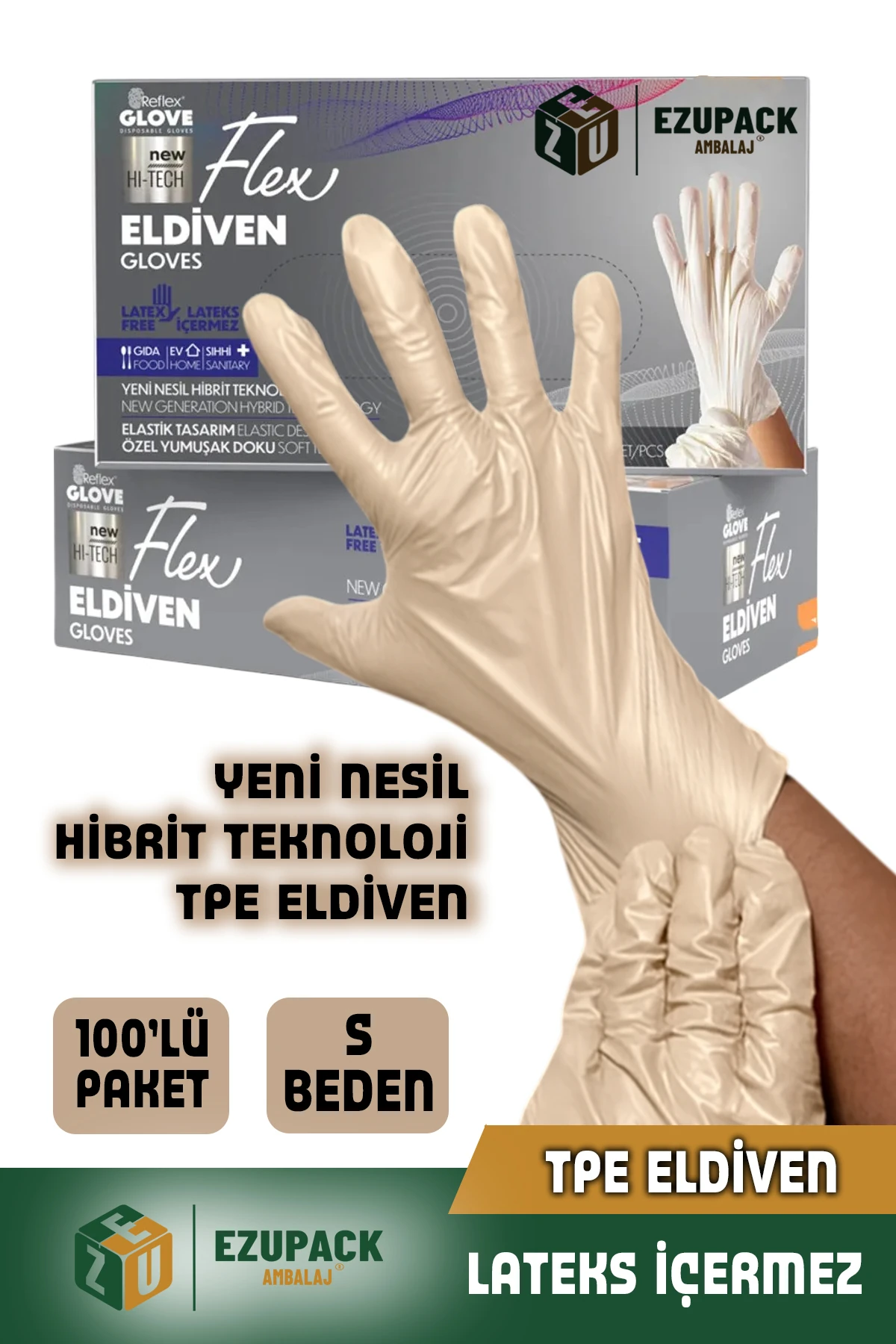 S Beden Glove Flex Tpe Eldiven 100'lü Gıda Pudrasız Medikal Temizlik Mutfak (Lateks Nitril İçermez)