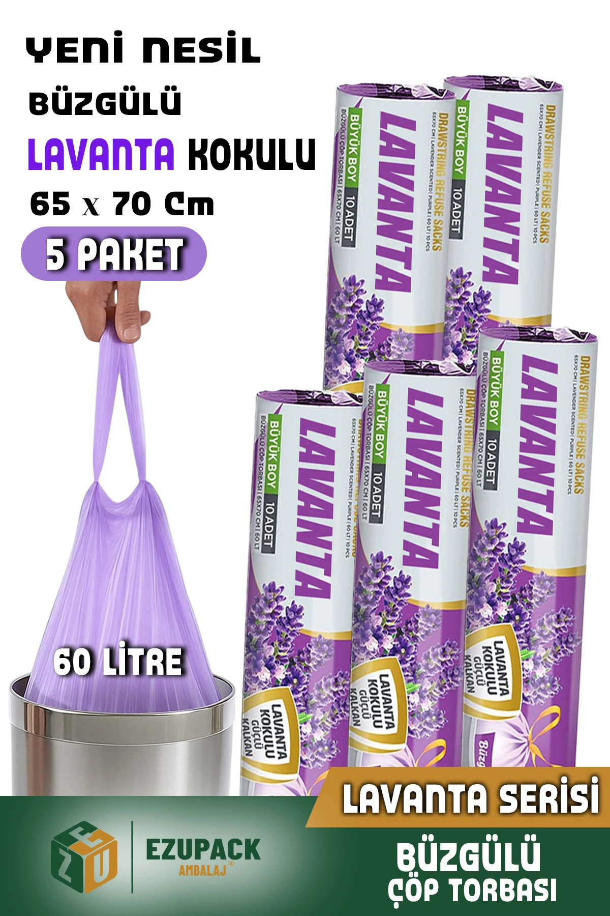 60 Lt ( 5 PAKET ) Avantaj Paket Büyük Boy Lavanta Kokulu Büzgülü Çöp Poşeti Çöp Torbası 50 Adet