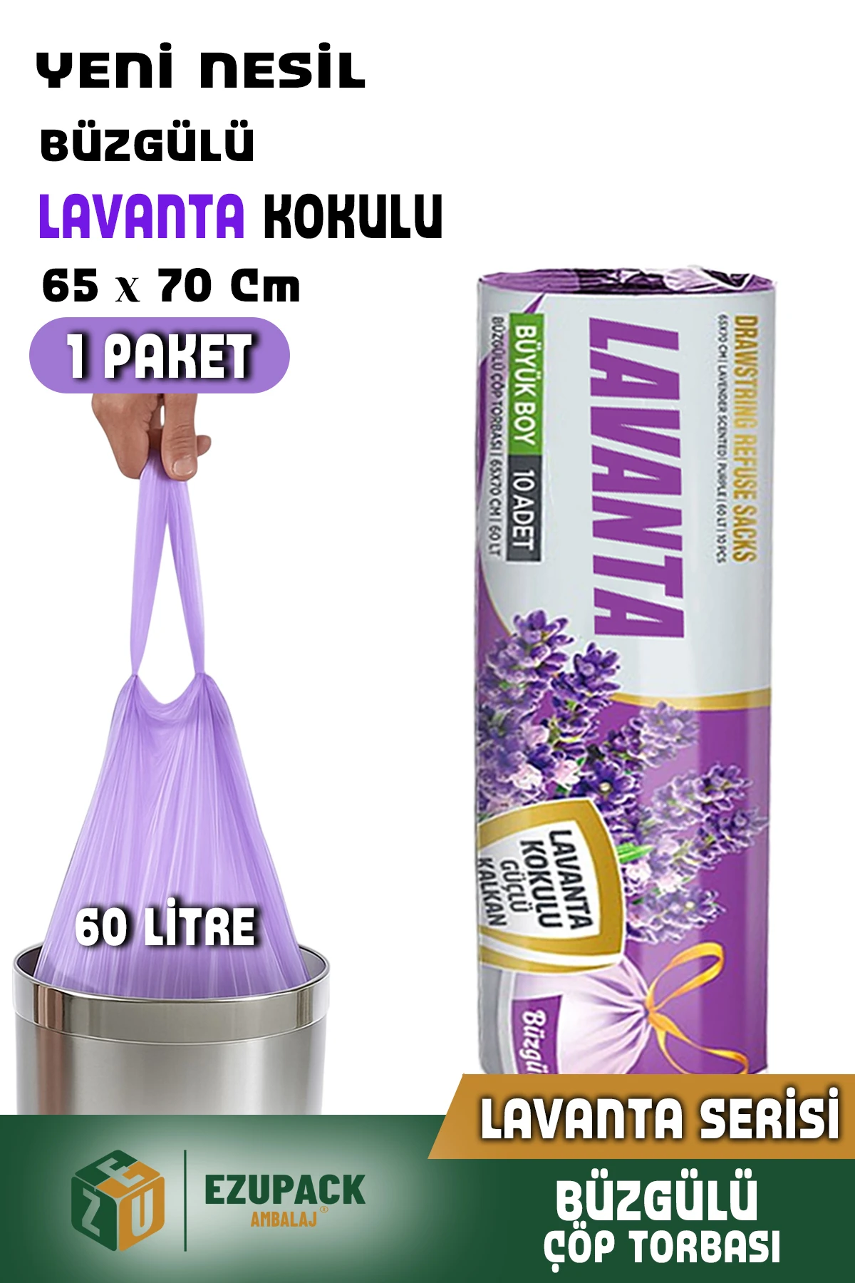 60 Lt ( 1 PAKET ) Avantaj Paket Büyük Boy Lavanta Kokulu Büzgülü Çöp Poşeti Çöp Torbası 10 Adet