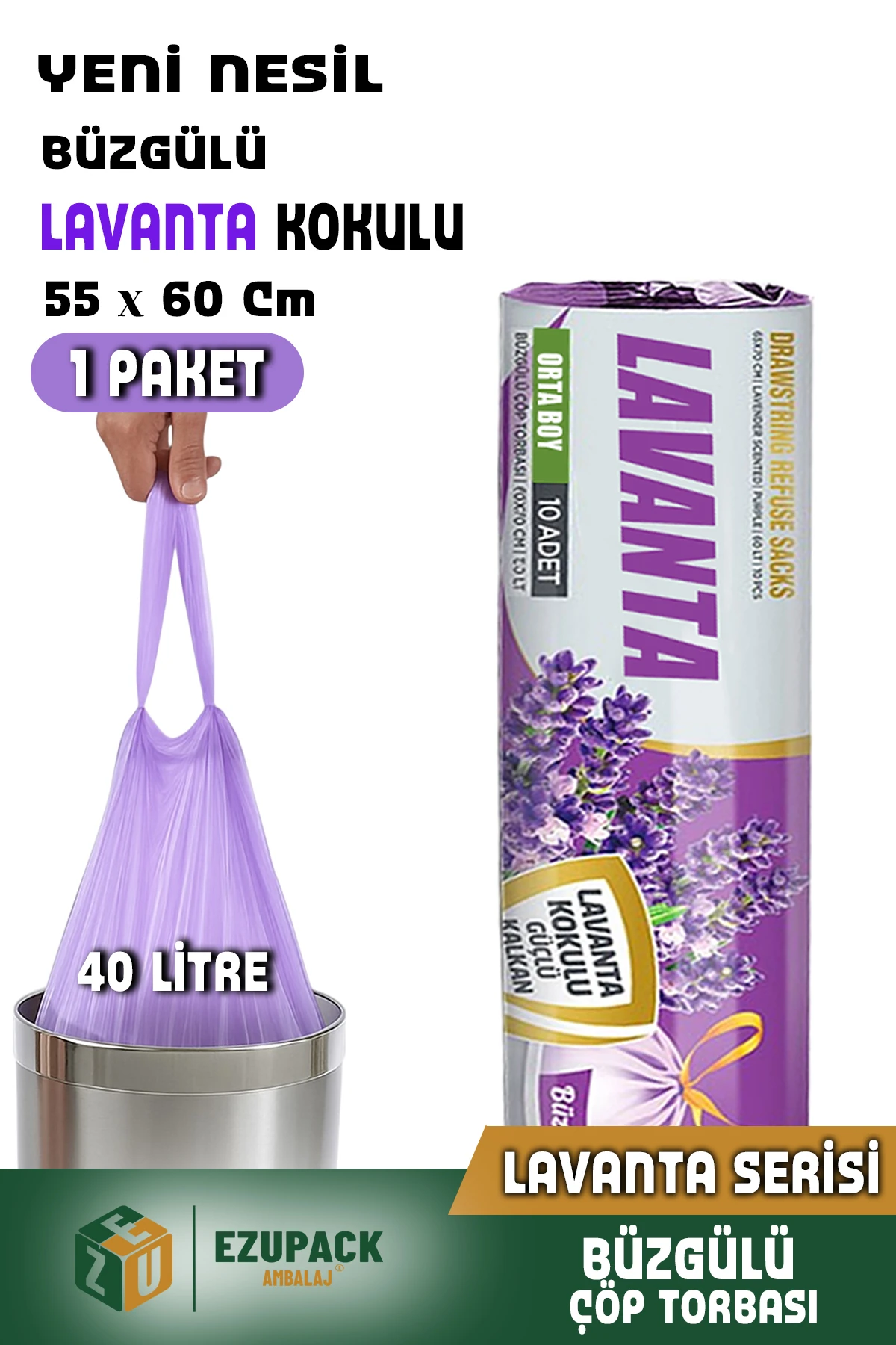 40 Lt ( 1 PAKET ) Avantaj Paket Orta Boy Lavanta Kokulu Büzgülü Çöp Poşeti Çöp Torbası 10 Adet