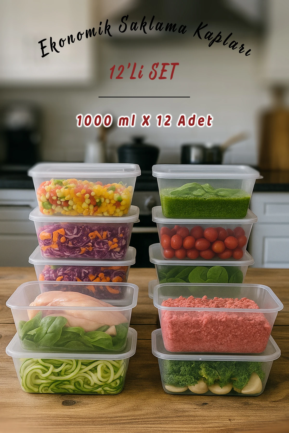 12li 1000ml Eko Sızdırmaz Kapaklı Mikrodalga Difriz Derin Dondurucu Buzluk Düzenleyici Saklama Kabı