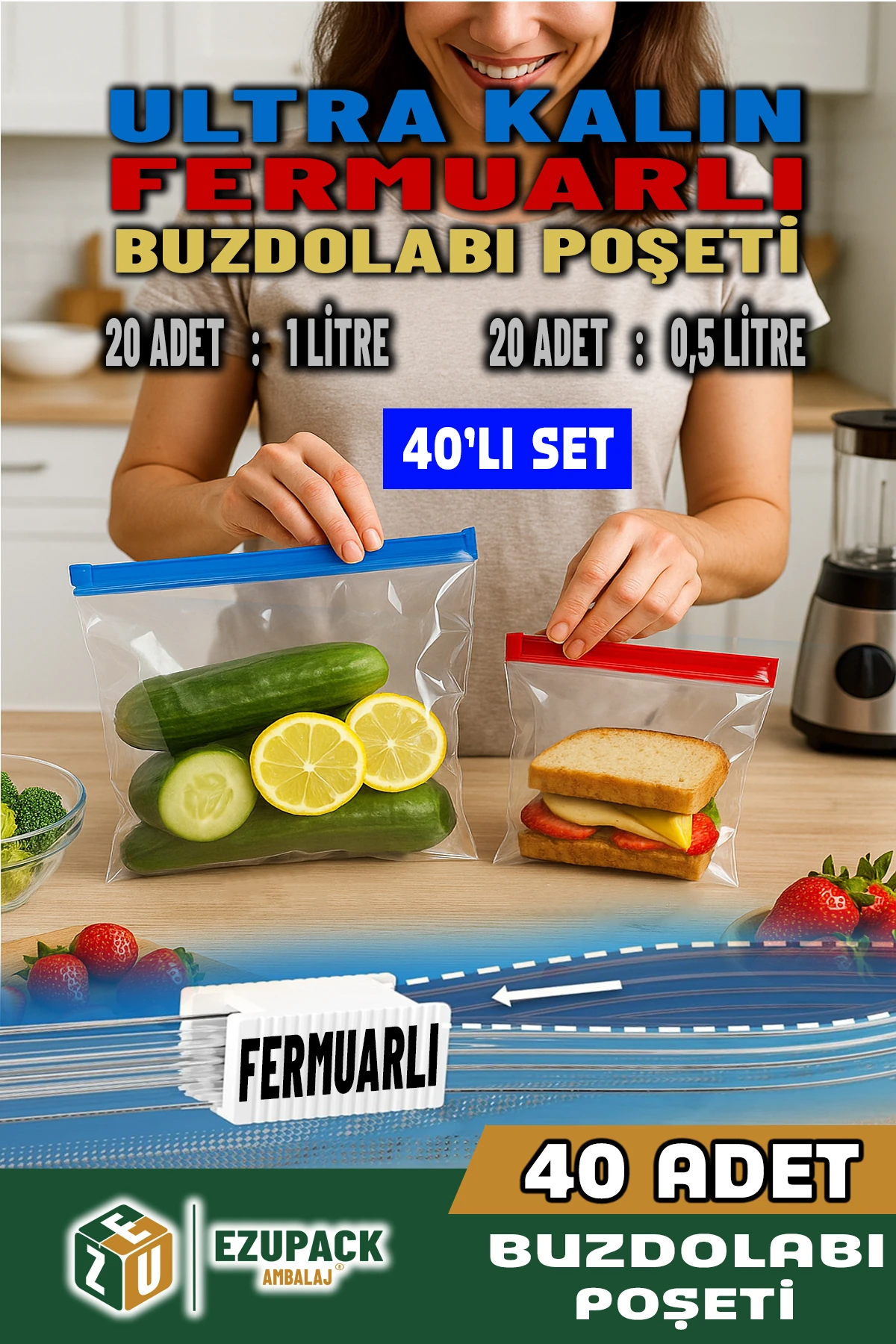 40 Adet FERMUARLI Difriz Derin Dondurucu Buzdolabı Poşeti Buzluk Düzenleyici Organizer Saklama Kabı