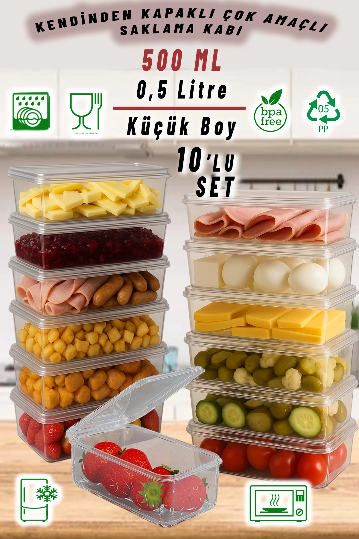 0,5 LT 10 Adet Kendinden Kapaklı Mikrodalga Difriz Derin Dondurucu Buzluk Düzenleyici Saklama Kabı