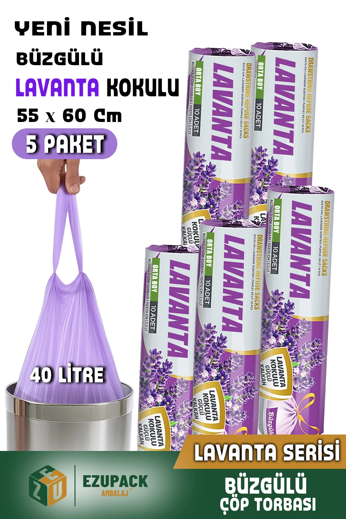 40 Lt ( 5 PAKET ) Avantaj Paket Orta Boy Lavanta Kokulu Büzgülü Çöp Poşeti Çöp Torbası 50 Adet