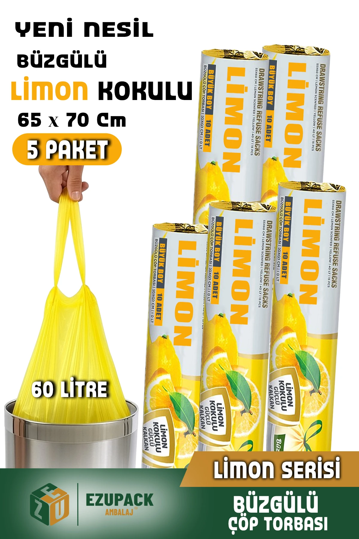 60 Lt ( 5 PAKET ) Avantaj Paket Büyük Boy Limon Kokulu Büzgülü Çöp Poşeti Çöp Torbası 50 Adet