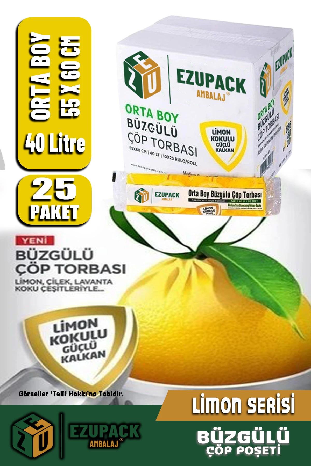 40 Lt ( 25 PAKET ) Avantaj Paket Orta Boy Limon Kokulu Büzgülü Çöp Poşeti Çöp Torbası 250 Adet