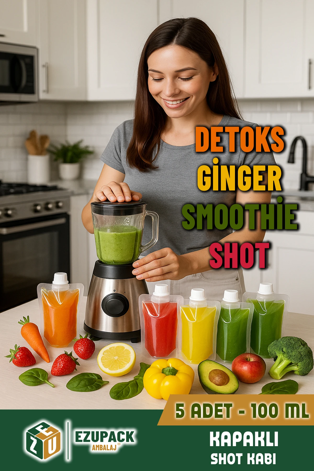 Smoothie Detoks Ginger Şeffaf Plastik Sızdırmaz Kapak Organik Meyve Suyu Meybuz Doypack Ambalaj Kabı