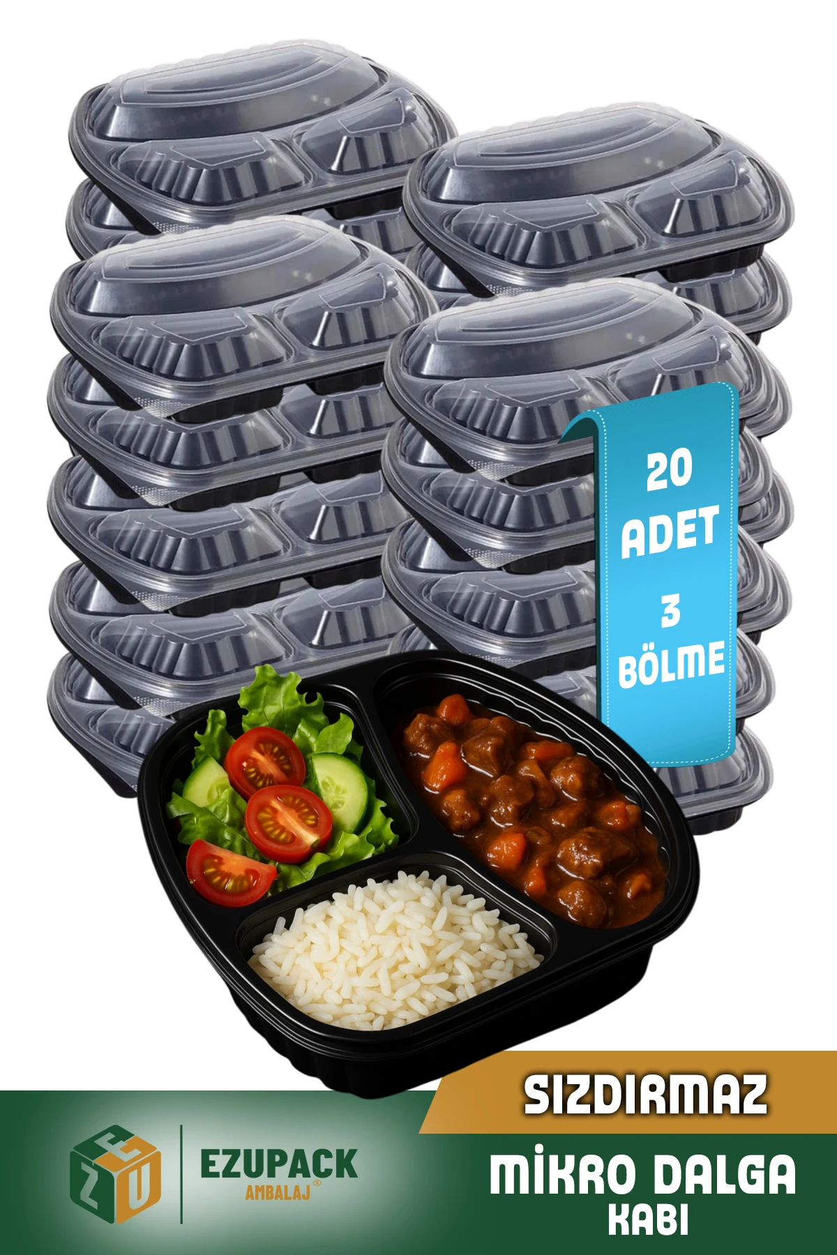20 Adet SIZDIRMAZ 3 Üç Göz Paket Servis Yemek Kabı Mikrodalga Derindorucu Dayanıklı Yıkanabilir