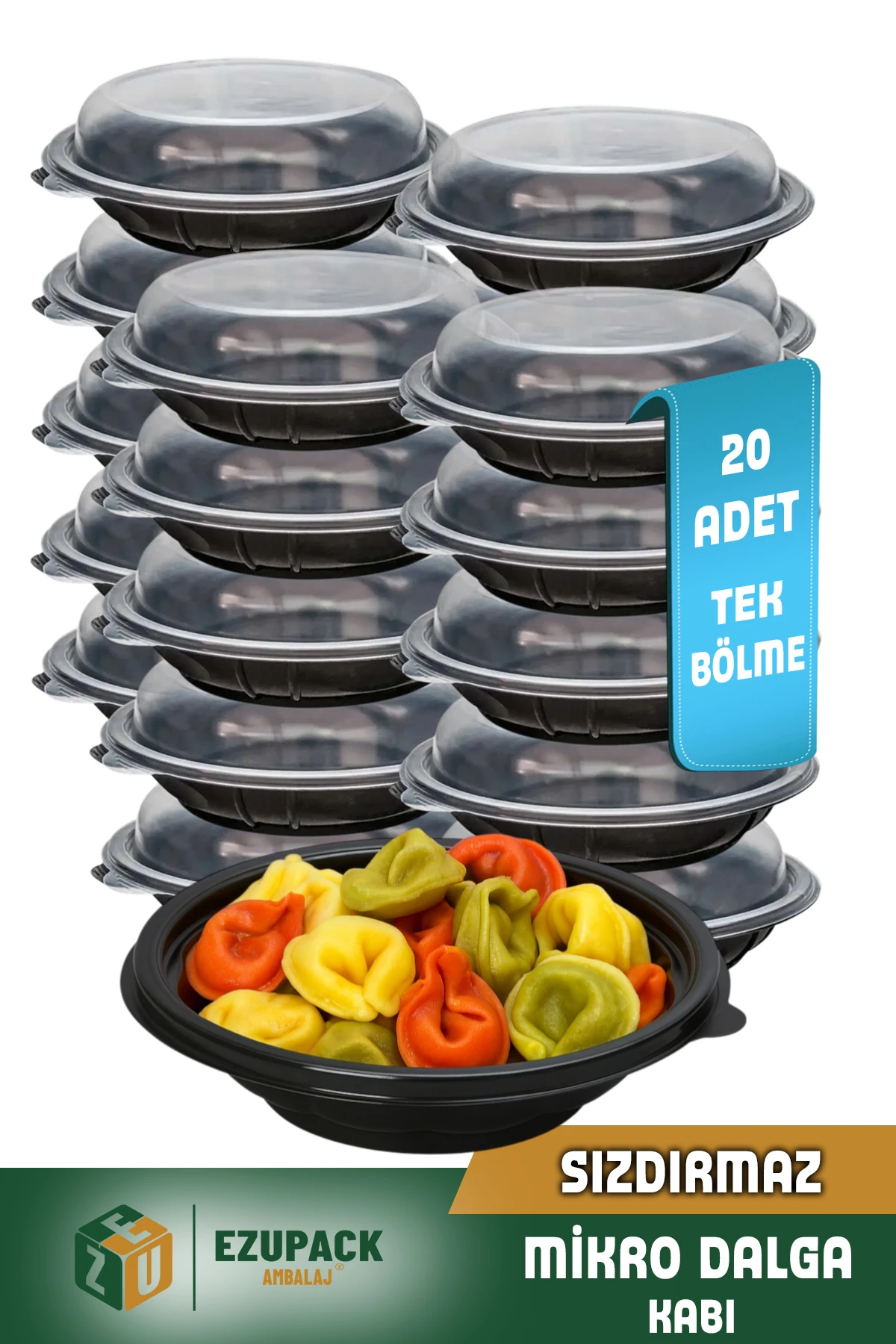 20 Adet SIZDIRMAZ Tek Göz Yuvarlak Paket Servis Yemek Kabı Mikrodalga Derindorucu Yıkanabilir