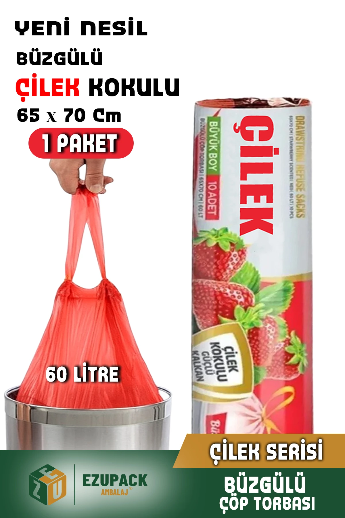 60 Lt ( 1 PAKET ) Avantaj Paket Büyük Boy Çilek Kokulu Büzgülü Çöp Poşeti Çöp Torbası 10 Adet