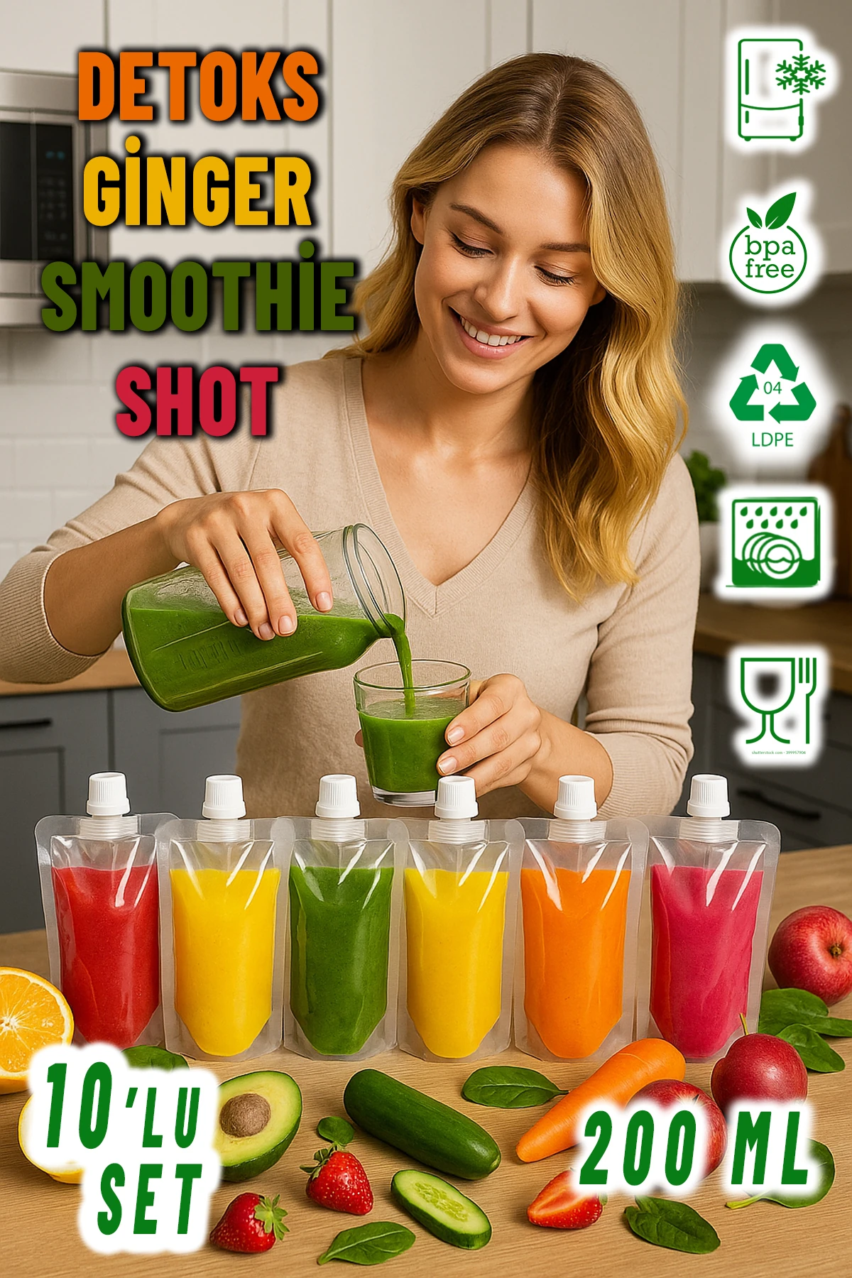 200ml 10'lu Smoothie Detoks Ginger Şeffaf Plastik Sızdırmaz Organik Meyve Suyu Meybuz İçecek Poşeti