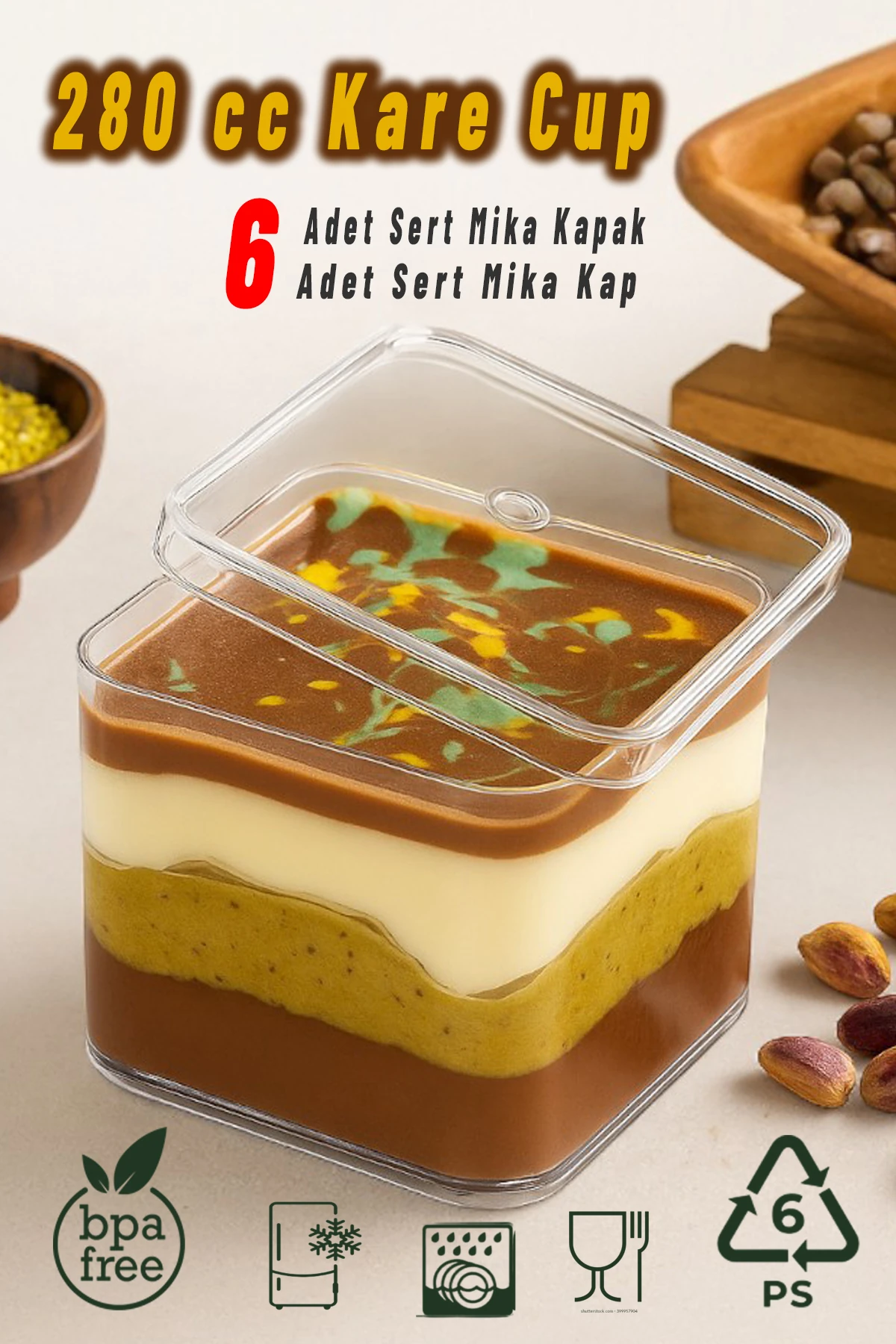 6'lı Kare Tiramisu Cup 280 cc Mika Kase Plastik Şeffaf Kapaklı Sunum Kabı Tatlı & Meze Ve Salata Kap