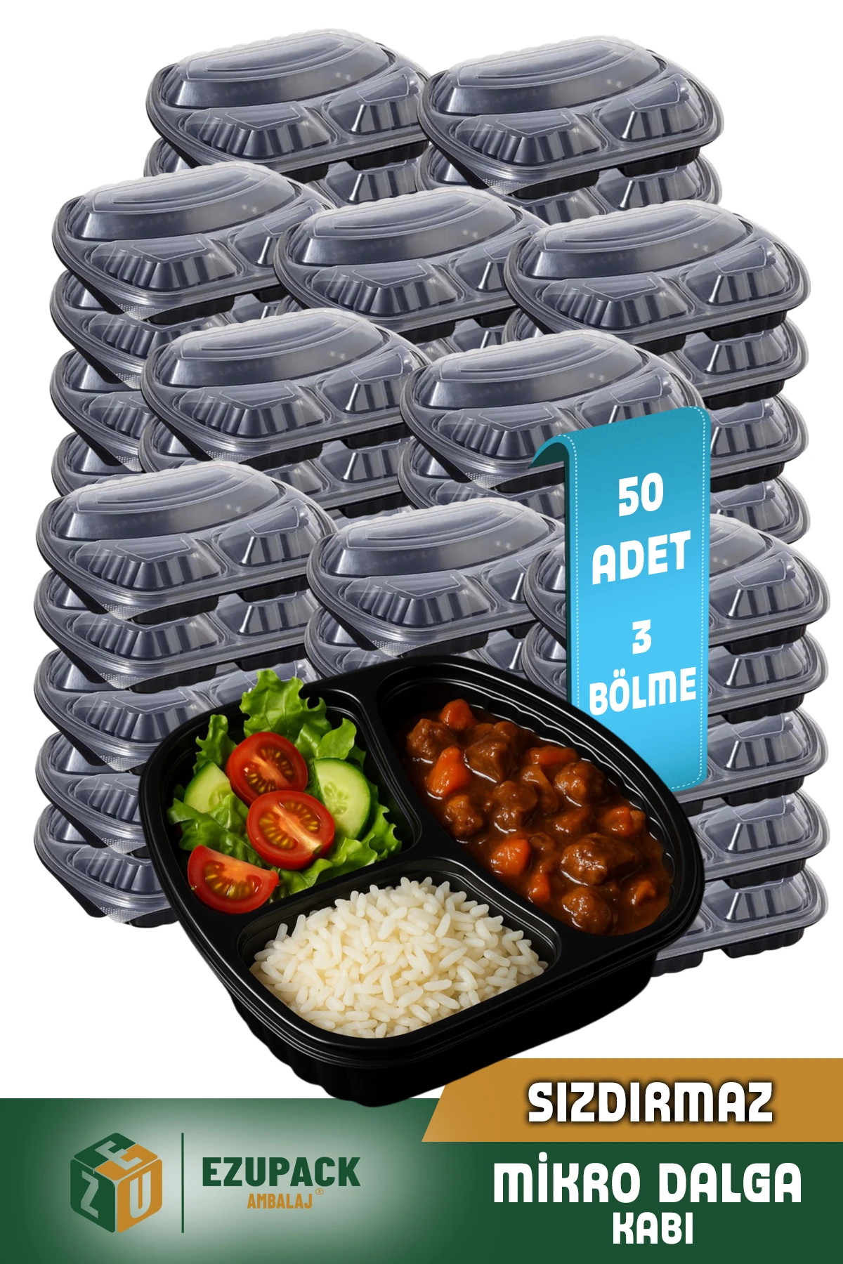 50 Adet SIZDIRMAZ 3 Üç Göz Paket Servis Yemek Kabı Mikrodalga Derindorucu Dayanıklı Yıkanabilir