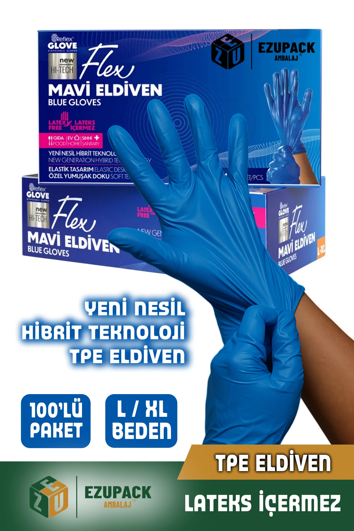 L Beden Glove Flex Tpe Eldiven 100'lü Gıda Pudrasız Medikal Temizlik Mutfak (Lateks Nitril İçermez)