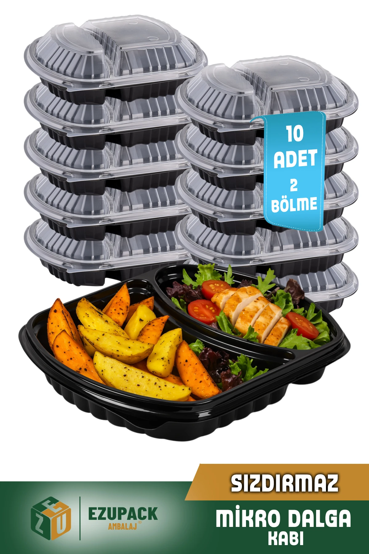 10 Adet SIZDIRMAZ İki Göz Paket Servis Yemek Kabı Mikrodalga Derindorucu Dayanıklı Yıkanabilir