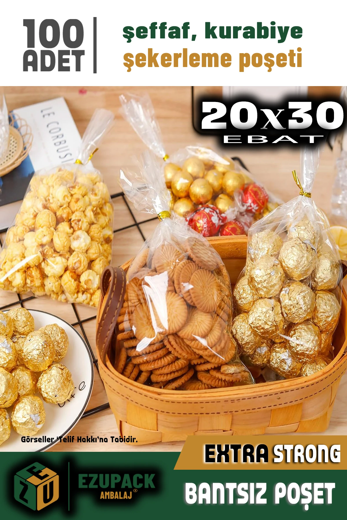 100 Adet 20x30 Düz (BANTSIZ) Şeffaf Jelatin Parlak Kurabiye Aksesuar Poşeti Ambalaj Paketi