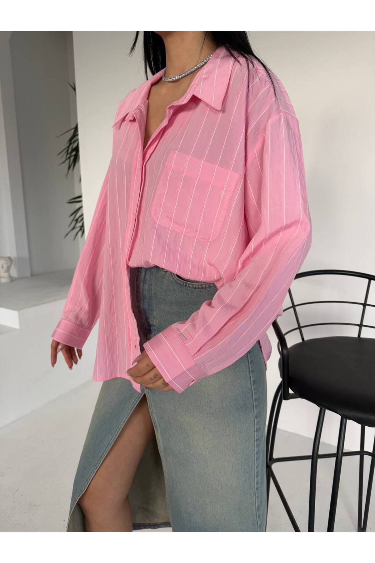 Kadın Modal Çizgili Oversize Gömlek 75 Cm