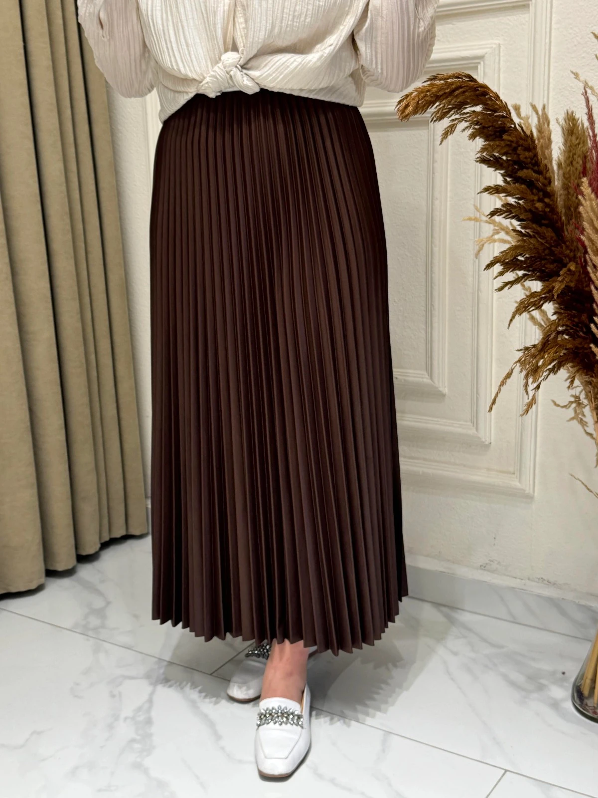 Deri Görünümlü Piliseli Etek 88 cm