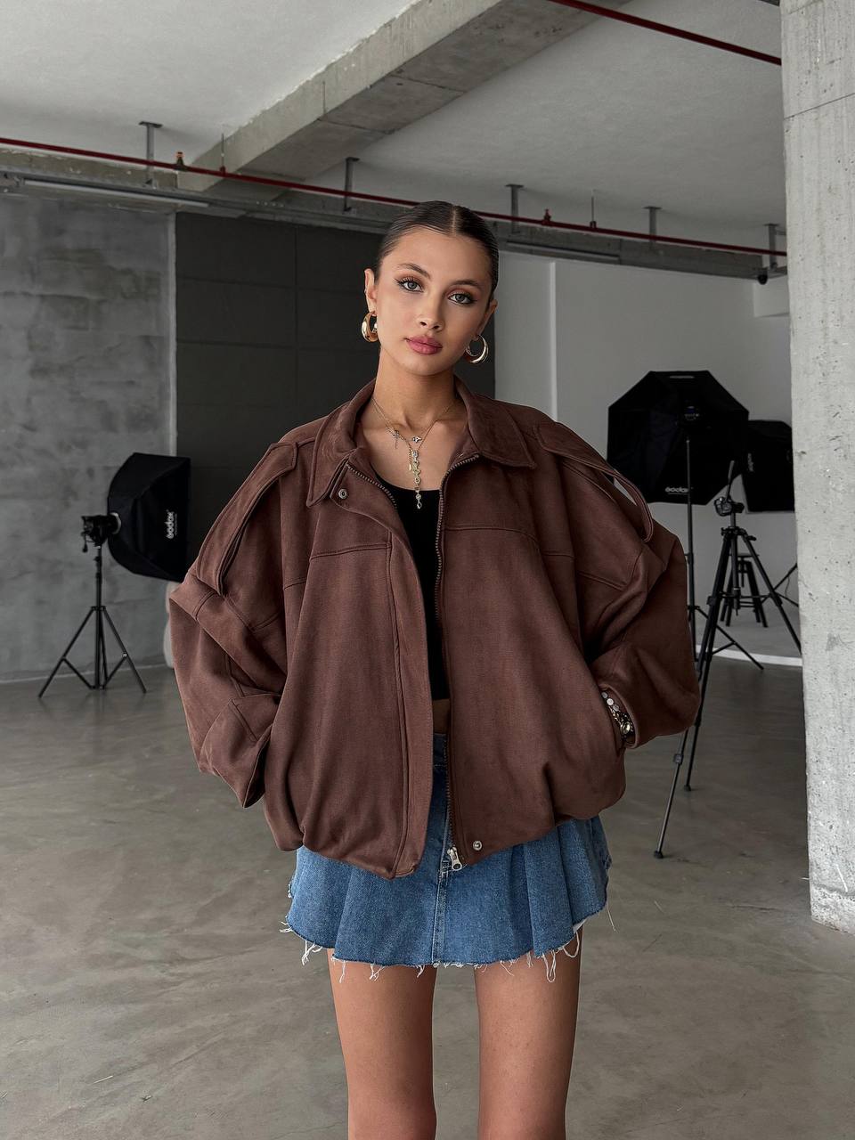 Süet Ceket Apoletli Astarlı JS25100 (Suni Süet) - Kahverengi