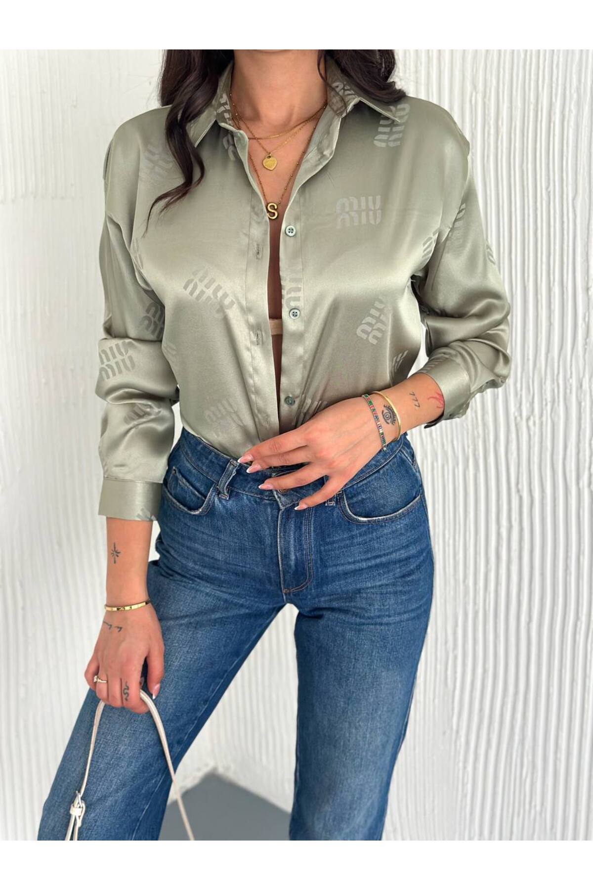 Saten Kendinden Desenli Kadın Gömlek 75 cm - Mint Yeşil