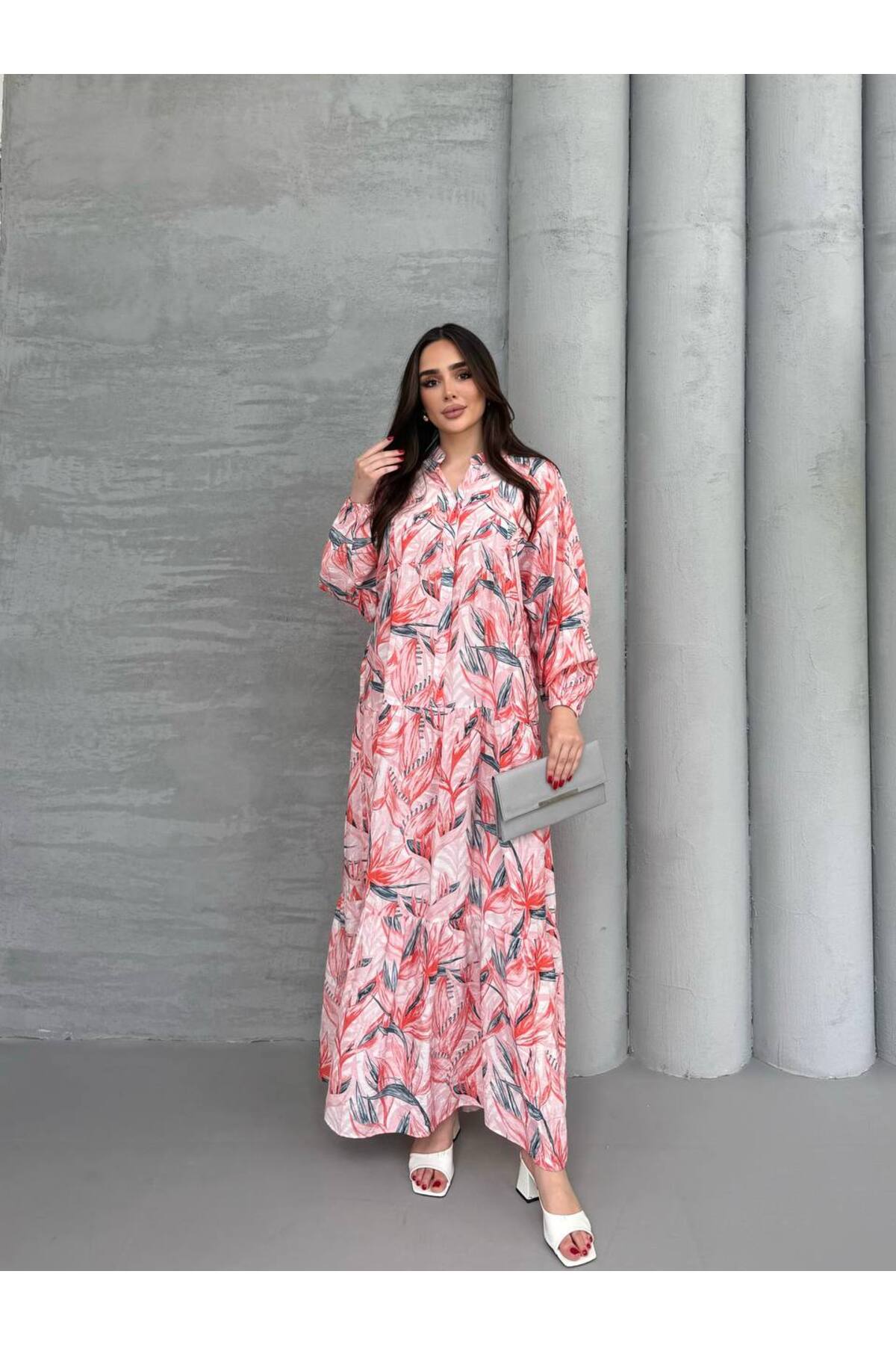 Kadın Tesettür Elbise Modal Kumaş Çiçek Desenli Elbise - Turuncu