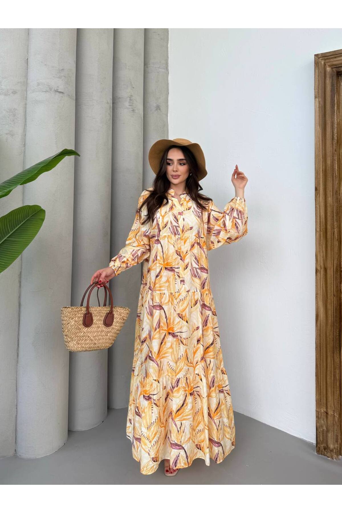 Kadın Tesettür Elbise Modal Kumaş Çiçek Desenli Elbise - sarı