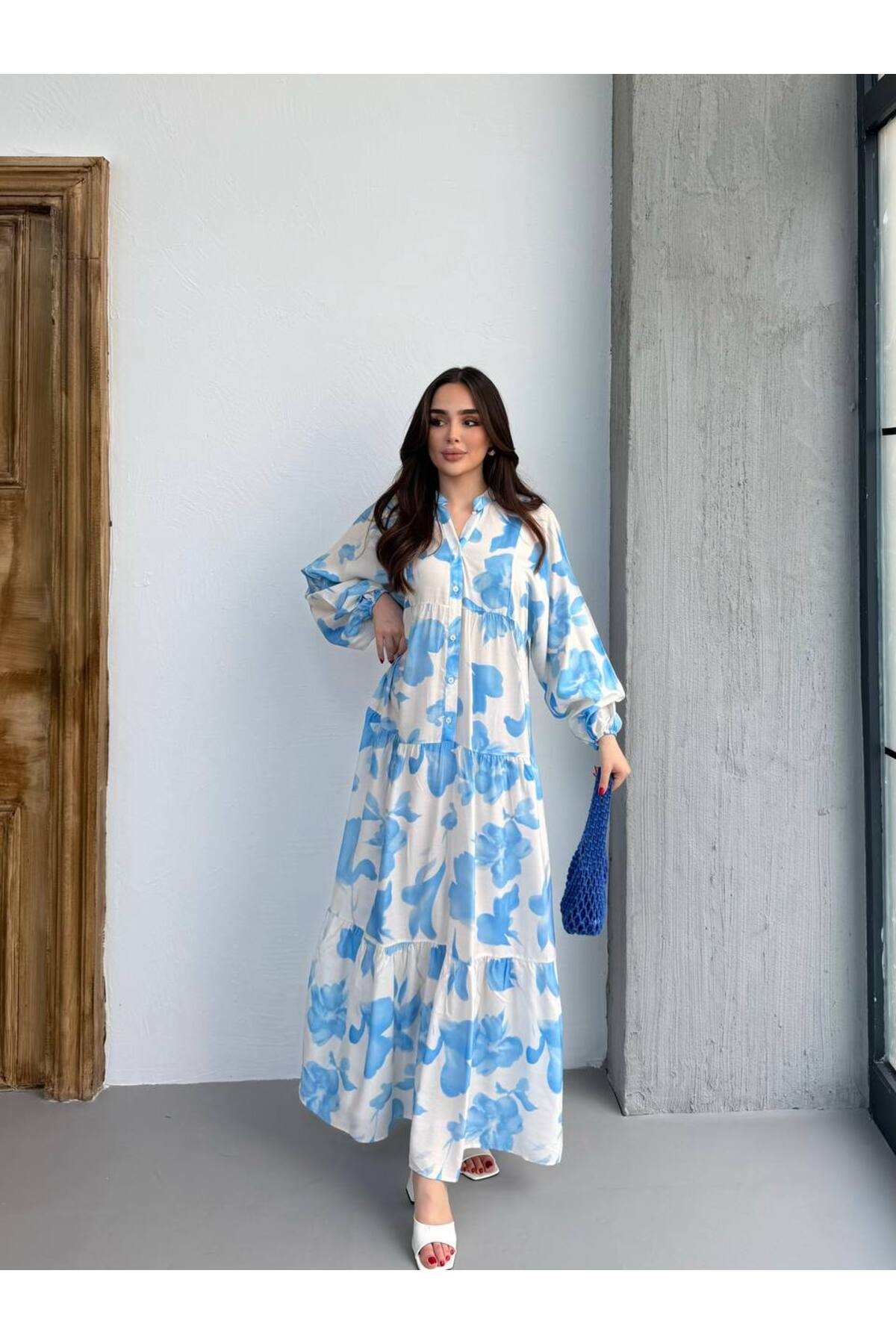 Kadın Tesettür Elbise Modal Kumaş Çiçek Desenli Elbise - Mavi