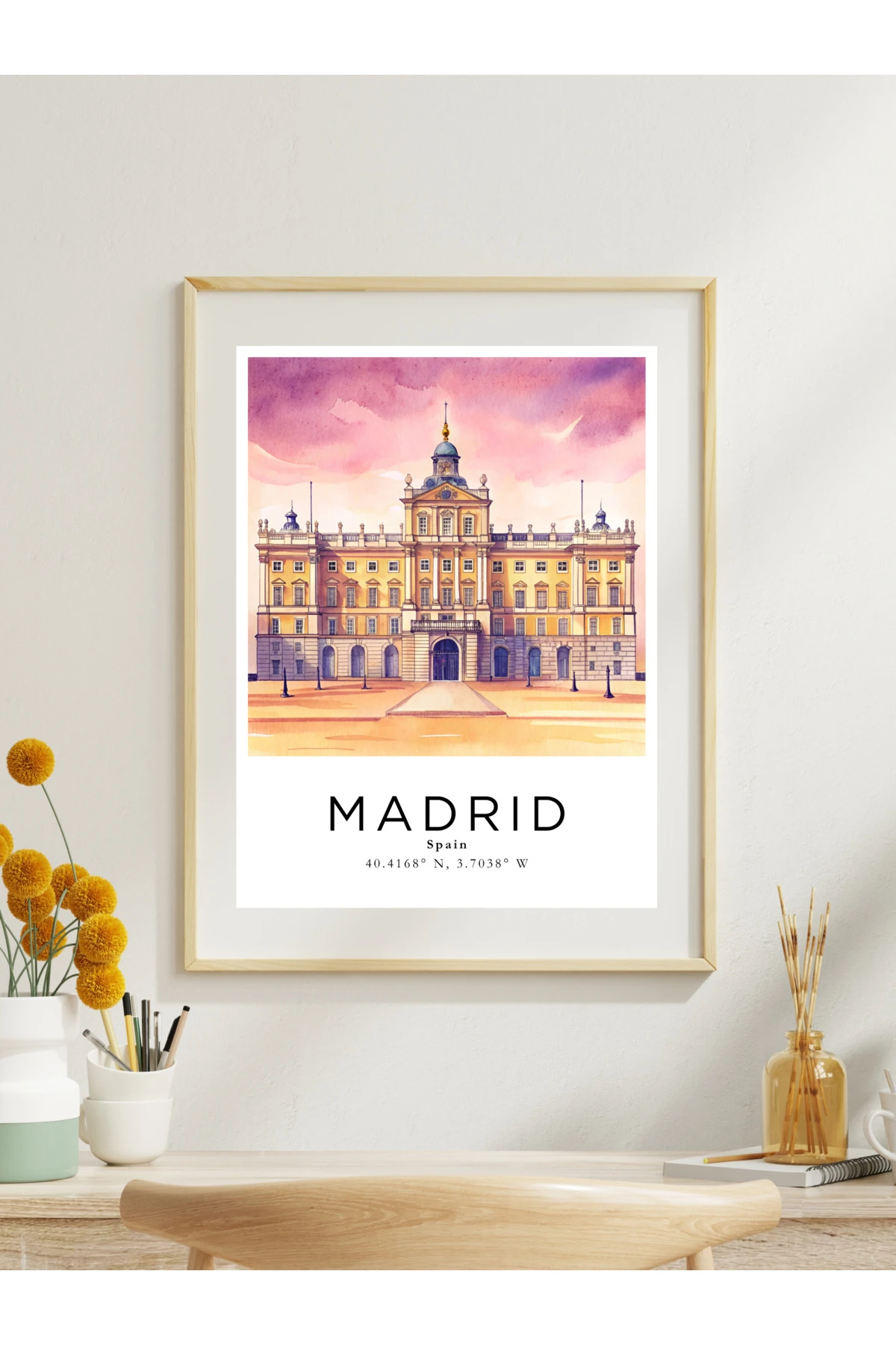 Madrid İspanya Sulu Boya Tasarım  Dekoratif Çerçevesiz Duvar Tablosu (POSTER) Şehir Serisi