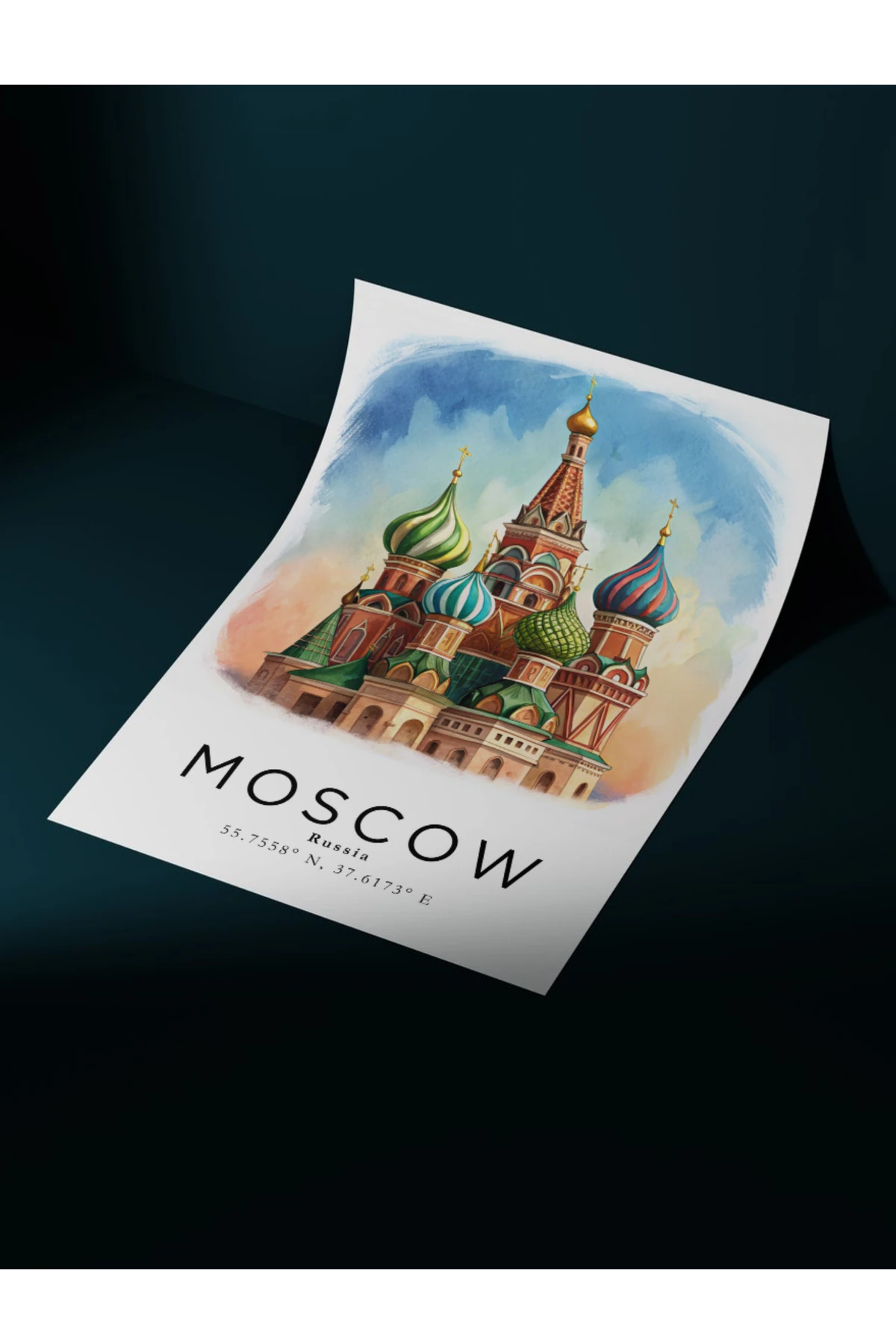 Moskova Rusya Sulu Boya Tasarım  Dekoratif Çerçevesiz Duvar Tablosu (POSTER) Şehir Serisi