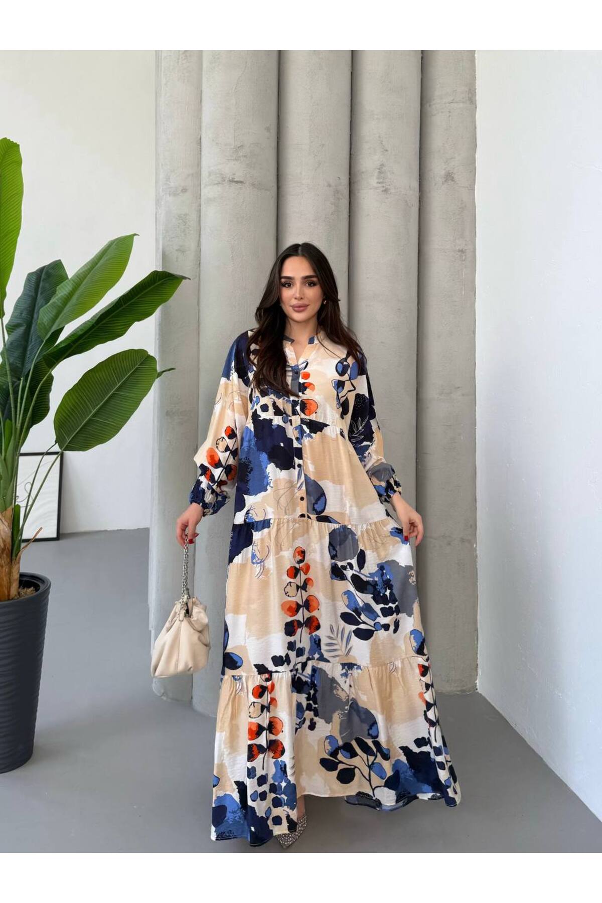 Kadın Tesettür Elbise Modal Kumaş Desenli Elbise - Mavi