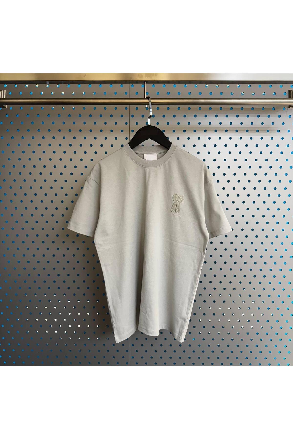 Erkek - Kadın Unisex "A" Özel Nakış Tasarım T-shirt - açık gri