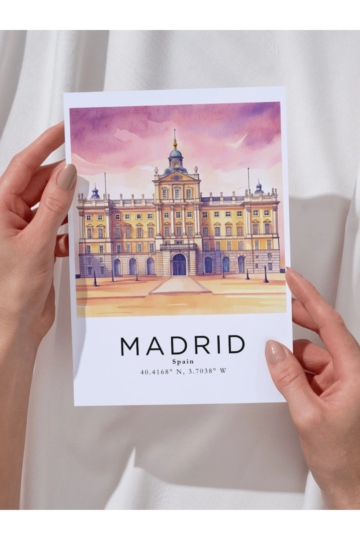 Madrid İspanya Sulu Boya Tasarım  Dekoratif Çerçevesiz Duvar Tablosu (POSTER) Şehir Serisi