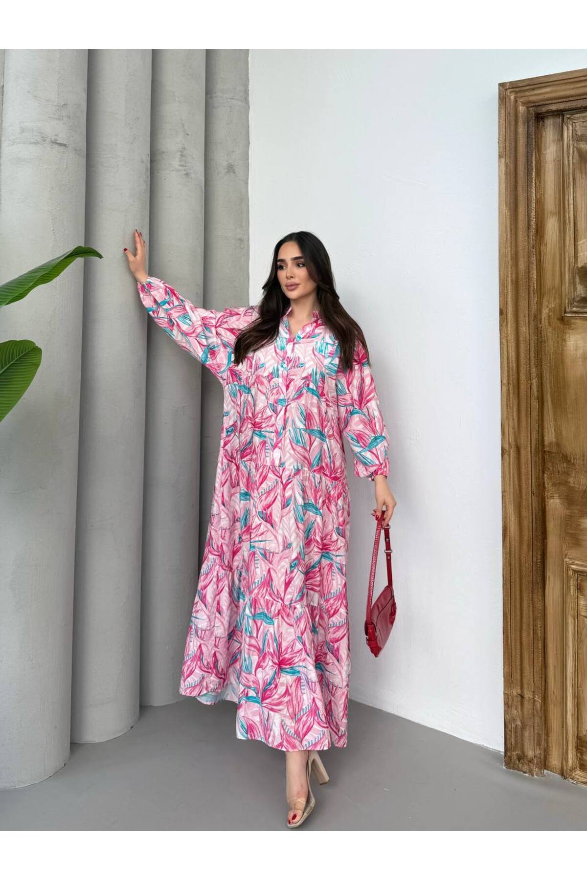 Kadın Tesettür Elbise Modal Kumaş Çiçek Desenli Elbise - Fuşya