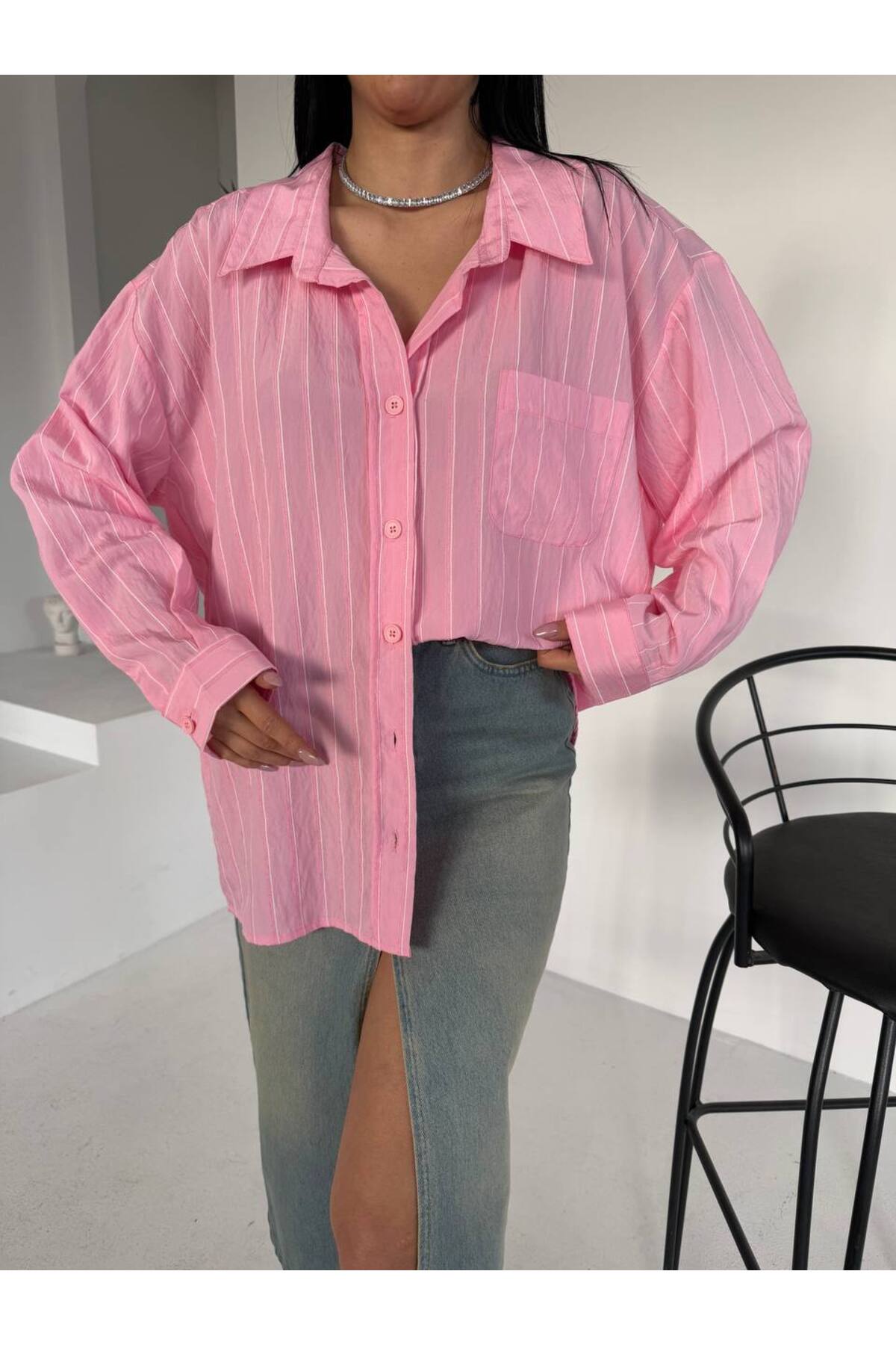 Kadın Modal Çizgili Oversize Gömlek 75 Cm