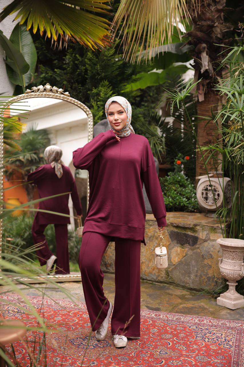 Kadın Oysho Kumaş 2'li Takım Tunik-Pantolon - Bordo