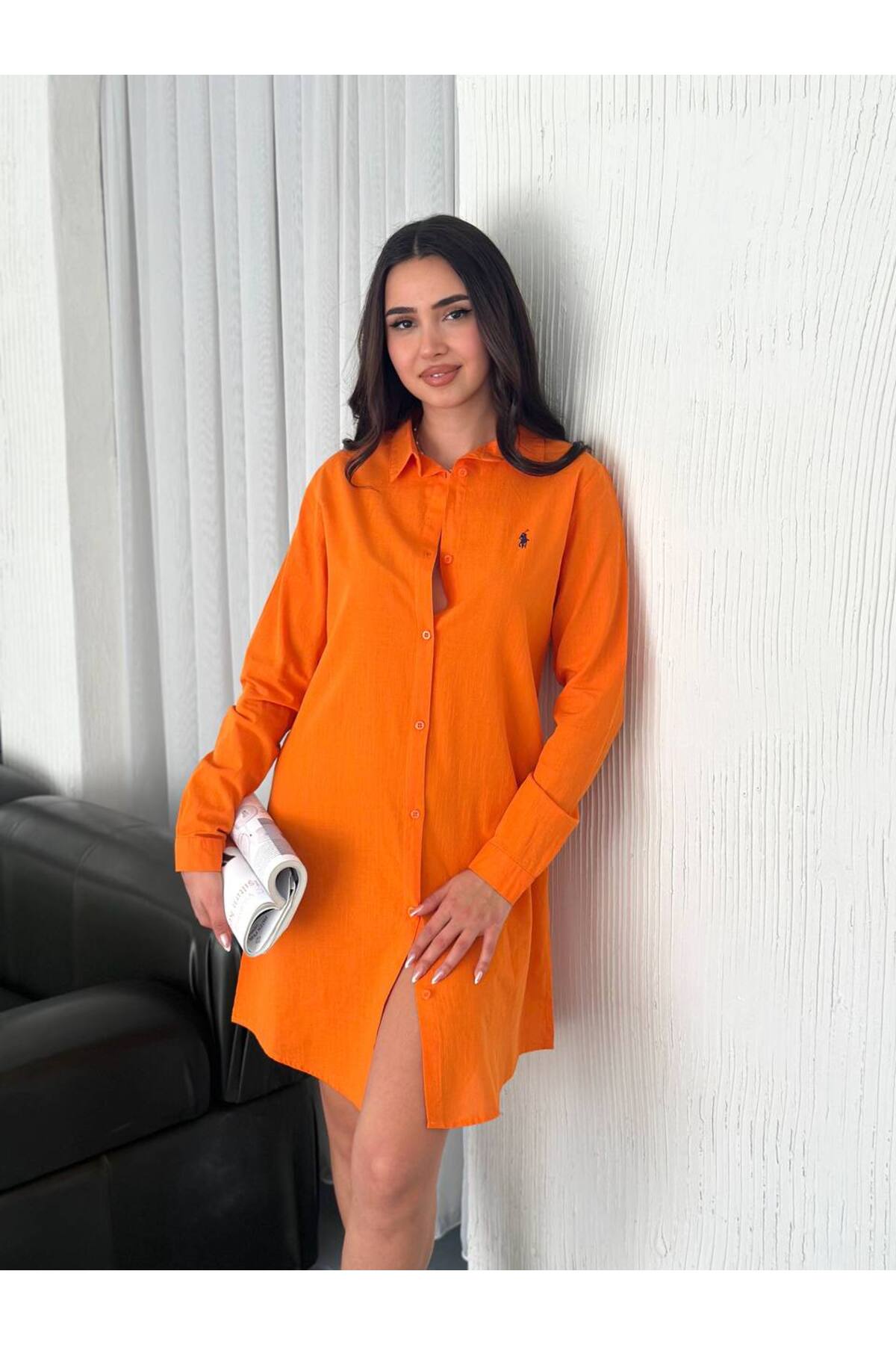 KADIN KETEN TUNİK & GÖMLEK ELBİSE NAKIŞ DETAYLI %100 PAMUK KUMAŞ - Turuncu