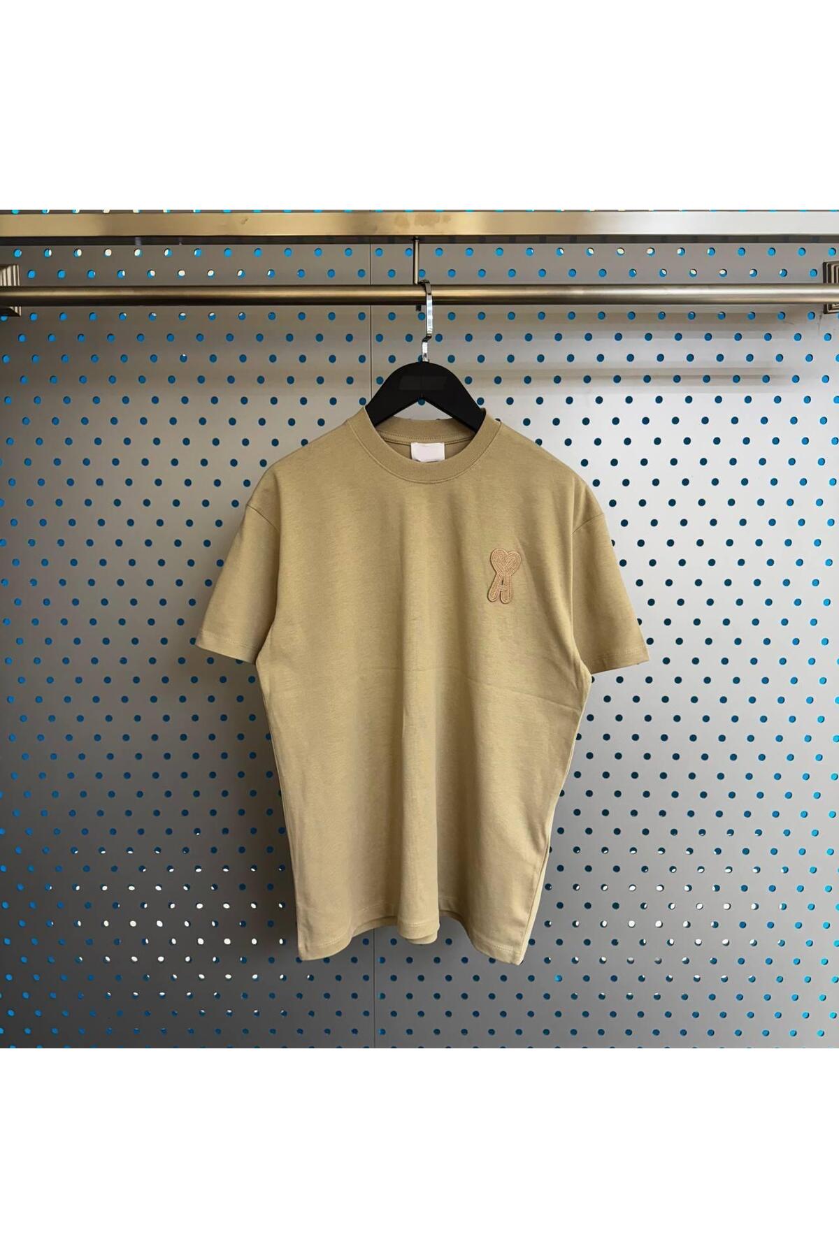 Erkek - Kadın Unisex "A" Özel Nakış Tasarım T-shirt - Bej