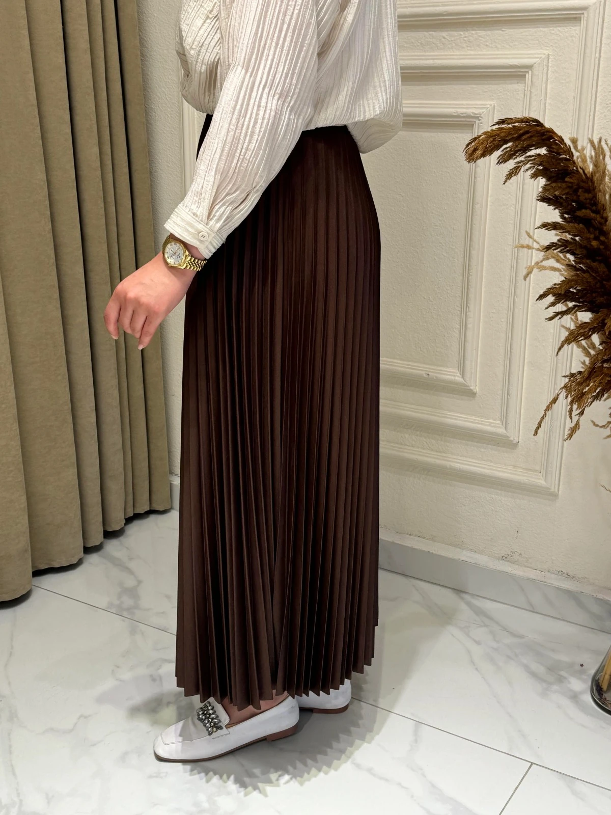 Deri Görünümlü Piliseli Etek 88 cm