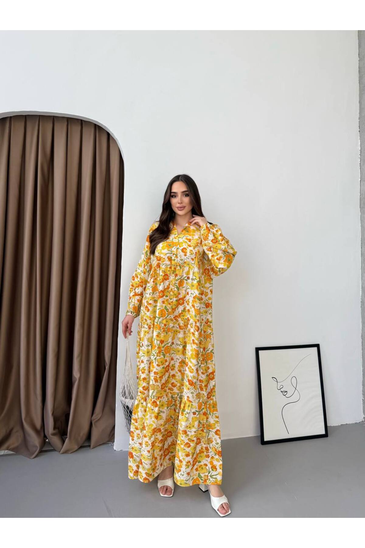 Kadın Tesettür Elbise Modal Kumaş Çiçek Desenli Elbise - sarı