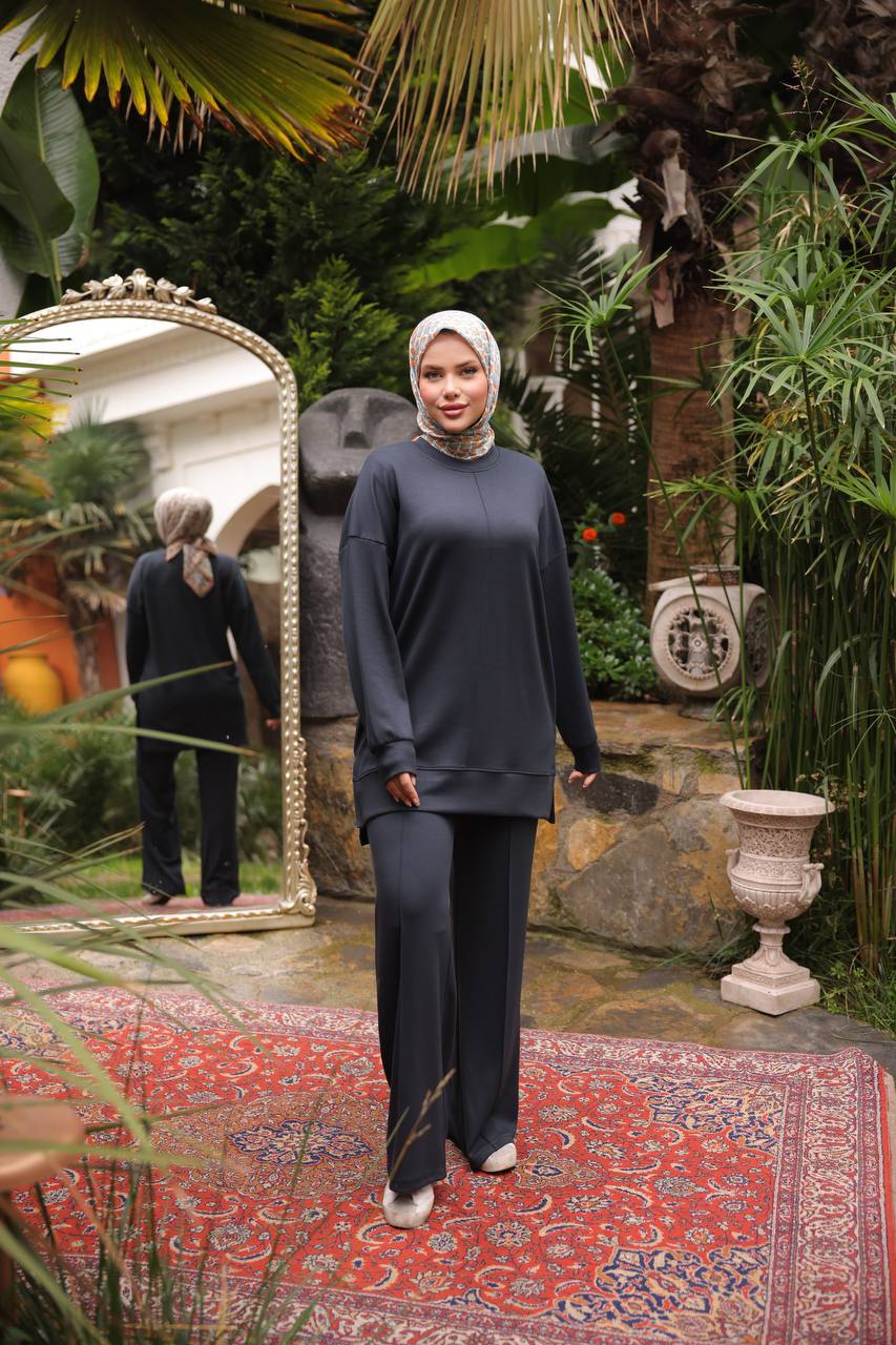 Kadın Oysho Kumaş 2'li Takım Tunik-Pantolon - ANTRASİT