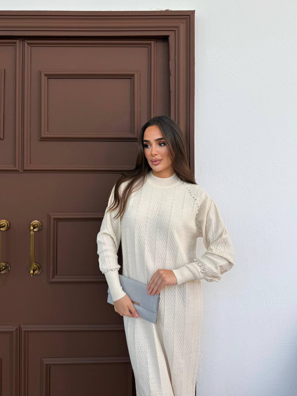 Kadın İnci Aksesuar ve Örme Detaylı Triko Elbise Standart Beden - Bej