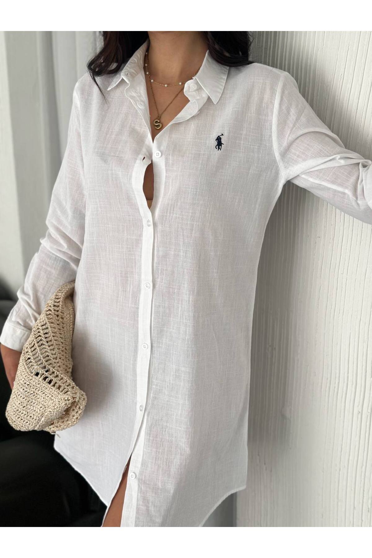 KADIN KETEN TUNİK & GÖMLEK ELBİSE NAKIŞ DETAYLI %100 PAMUK KUMAŞ - Beyaz