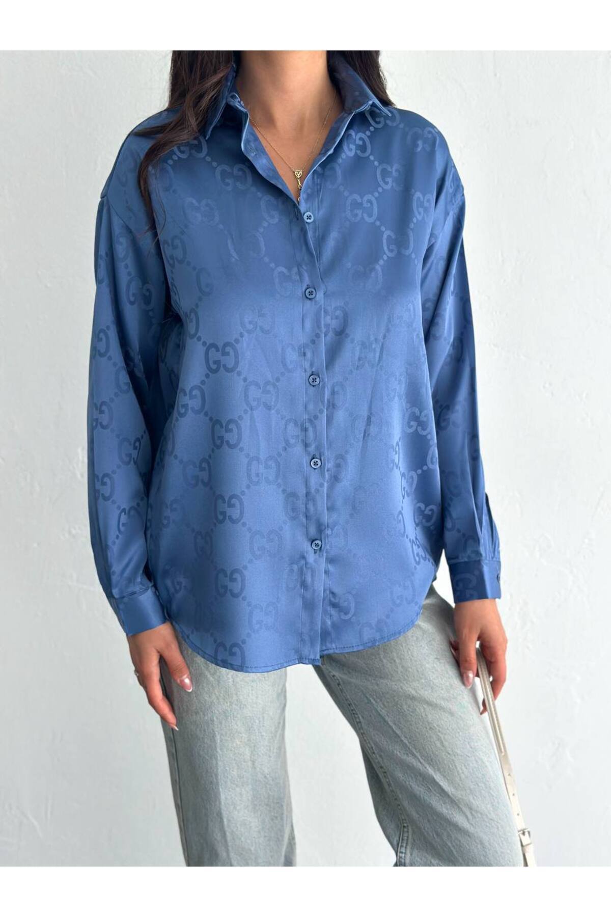 Saten Kendinden Desenli Gri Kadın Gömlek - Mavi