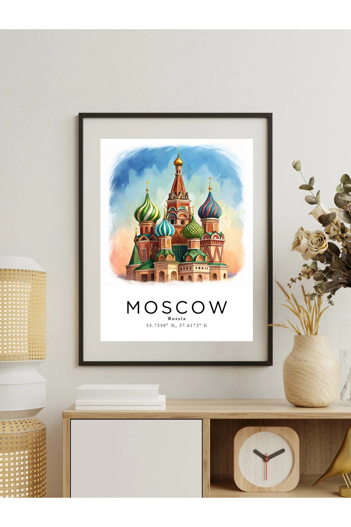 Moskova Rusya Sulu Boya Tasarım  Dekoratif Çerçevesiz Duvar Tablosu (POSTER) Şehir Serisi