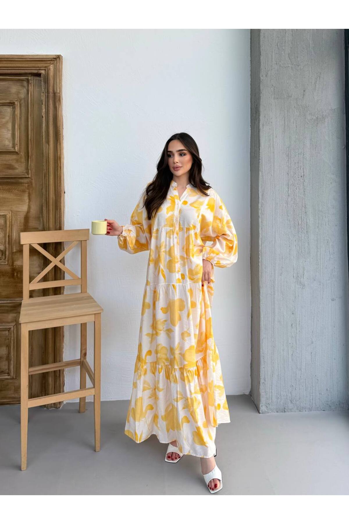 Kadın Tesettür Elbise Modal Kumaş Çiçek Desenli Elbise - sarı