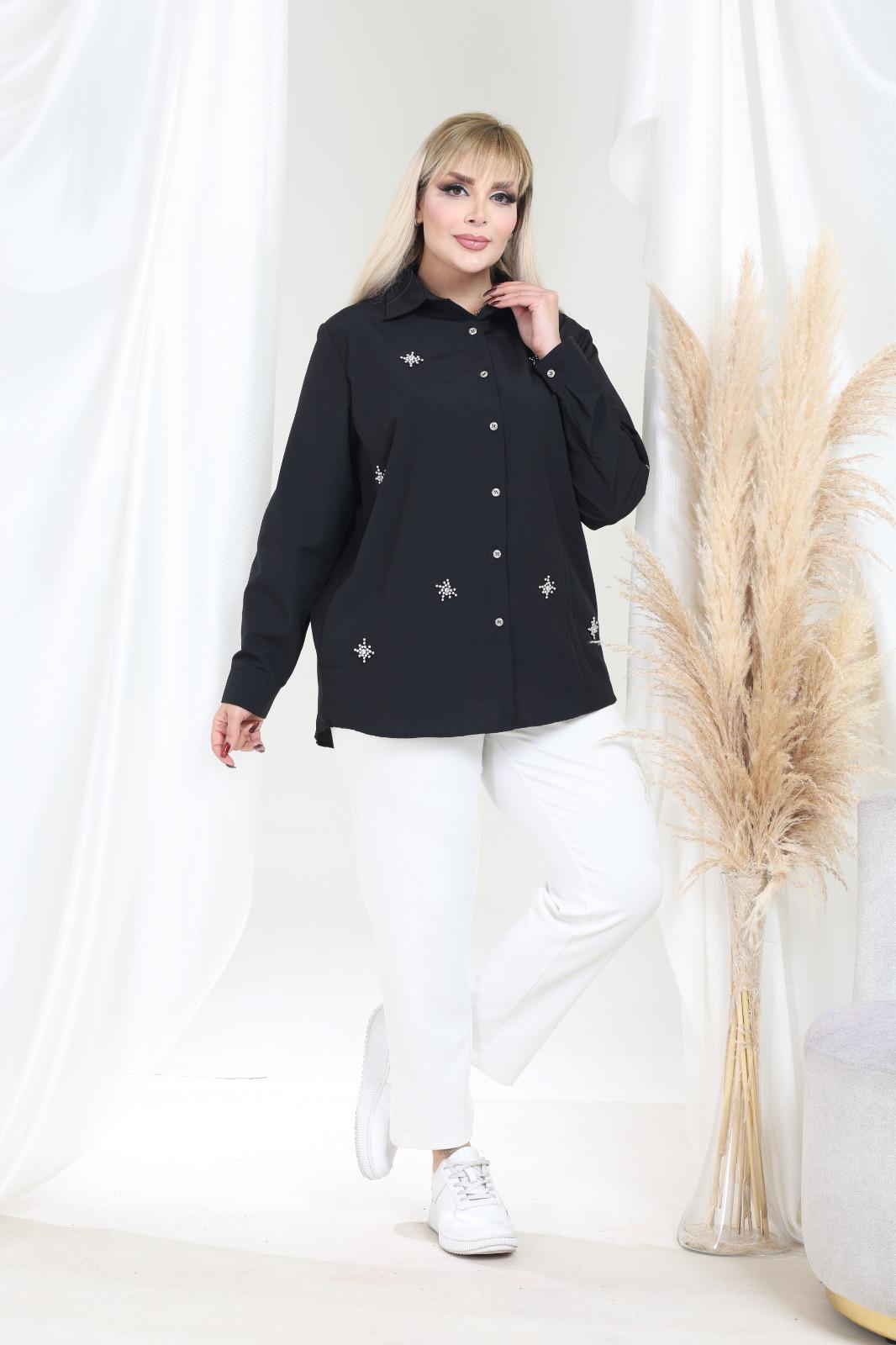 KADIN BUZ MAVİ TAŞ TASARIMLI BÜYÜK BEDEN GÖMLEK